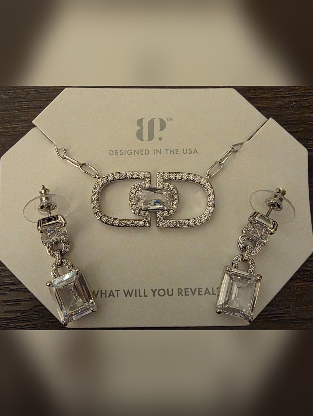 BP Silver Crystal Link Necklace and Earrings- Clear Crystal Pendant